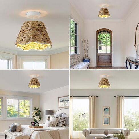 Rattan Ceiling Lights, Farmhouse Flush Mount Ceiling Lighting Fixtures 9.84" Boho Wicker Lamp with Handwoven Braided Natural Rattan Shade, 15W Bulb for Bedroom, Nursery, Hallway, Entryway, Kitchen in Kuwait