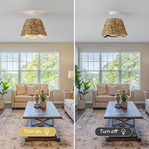 Rattan Ceiling Lights, Farmhouse Flush Mount Ceiling Lighting Fixtures 9.84" Boho Wicker Lamp with Handwoven Braided Natural Rattan Shade, 15W Bulb for Bedroom, Nursery, Hallway, Entryway, Kitchen in Kuwait