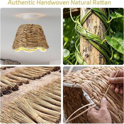 Rattan Ceiling Lights, Farmhouse Flush Mount Ceiling Lighting Fixtures 9.84" Boho Wicker Lamp with Handwoven Braided Natural Rattan Shade, 15W Bulb for Bedroom, Nursery, Hallway, Entryway, Kitchen in Kuwait
