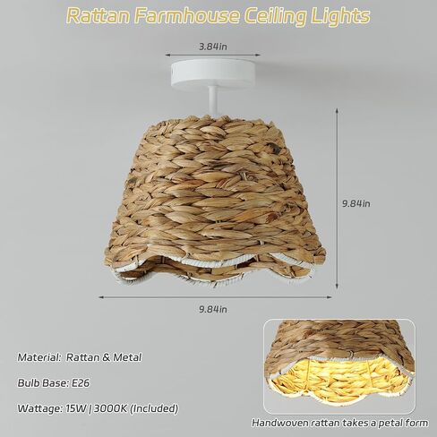 Rattan Ceiling Lights, Farmhouse Flush Mount Ceiling Lighting Fixtures 9.84" Boho Wicker Lamp with Handwoven Braided Natural Rattan Shade, 15W Bulb for Bedroom, Nursery, Hallway, Entryway, Kitchen in Kuwait