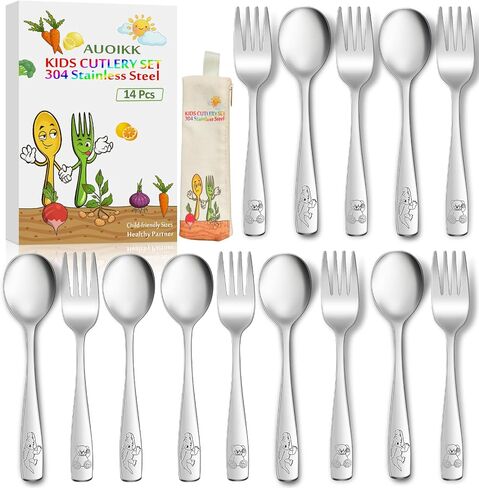 14-Piece Toddler Flatware, Kids Utensils Stainless Steel Cutlery Set, Children Safe Spoons and Forks with Ergonomic Handle, Easy to use and Dishwasher Safe (Crocodile and Bear) in Kuwait