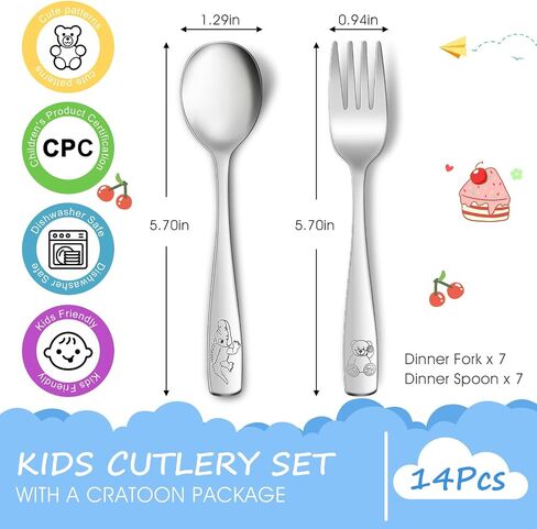 14-Piece Toddler Flatware, Kids Utensils Stainless Steel Cutlery Set, Children Safe Spoons and Forks with Ergonomic Handle, Easy to use and Dishwasher Safe (Crocodile and Bear) in Kuwait