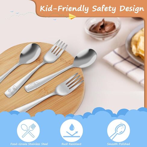 14-Piece Toddler Flatware, Kids Utensils Stainless Steel Cutlery Set, Children Safe Spoons and Forks with Ergonomic Handle, Easy to use and Dishwasher Safe (Crocodile and Bear) in Kuwait
