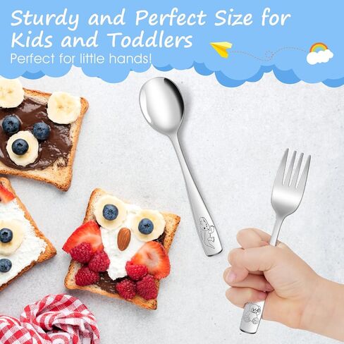 14-Piece Toddler Flatware, Kids Utensils Stainless Steel Cutlery Set, Children Safe Spoons and Forks with Ergonomic Handle, Easy to use and Dishwasher Safe (Crocodile and Bear) in Kuwait