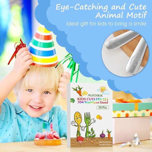 14-Piece Toddler Flatware, Kids Utensils Stainless Steel Cutlery Set, Children Safe Spoons and Forks with Ergonomic Handle, Easy to use and Dishwasher Safe (Crocodile and Bear) in Kuwait