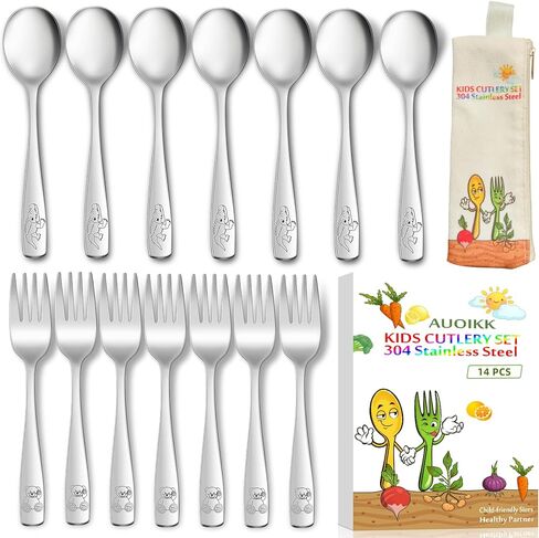 14-Piece Toddler Flatware, Kids Utensils Stainless Steel Cutlery Set, Children Safe Spoons and Forks with Ergonomic Handle, Easy to use and Dishwasher Safe (Crocodile and Bear) in Kuwait