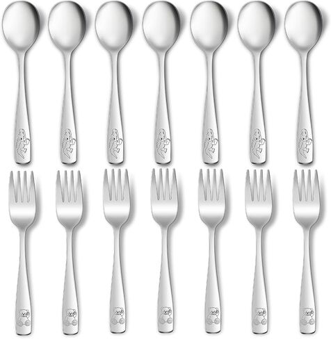 14-Piece Toddler Flatware, Kids Utensils Stainless Steel Cutlery Set, Children Safe Spoons and Forks with Ergonomic Handle, Easy to use and Dishwasher Safe (Crocodile and Bear) in Kuwait