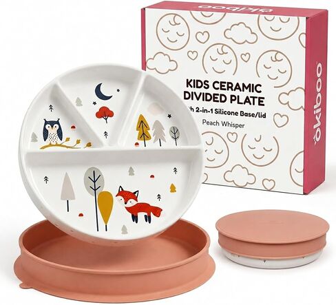 Ceramic Divided Toddler Plate with Lid, Non-Toxic, 8" Non-Slip Base | Suitable for Kids/Toddlers, Divided Plates, Non-Slip, Lid, Cute Design, Microwave & Dishwasher Safe, Ages 2-6, Pink in Kuwait