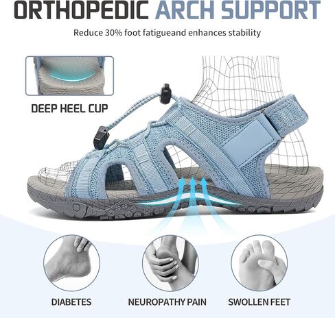 Bravover Women's Orthopedic Walking Sandals with Arch Support, Adjustable Strap Breathable Sport Sandals with Cushioned Traction Sole for Plantar Fasciitis Blue 9 in Kuwait