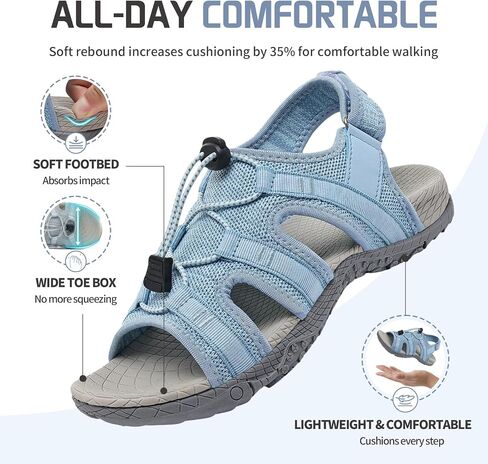 Bravover Women's Orthopedic Walking Sandals with Arch Support, Adjustable Strap Breathable Sport Sandals with Cushioned Traction Sole for Plantar Fasciitis Blue 9 in Kuwait
