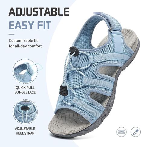 Bravover Women's Orthopedic Walking Sandals with Arch Support, Adjustable Strap Breathable Sport Sandals with Cushioned Traction Sole for Plantar Fasciitis Blue 9 in Kuwait