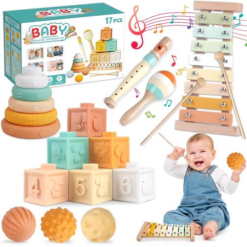 6-in-1 Montessori Baby Toy Set with Musical Instruments Toddler Baby Gift | Wooden xylophone with 2 sticks, maraca and clarinet; 6 soft blocks, 5 stacking rings, 3 sensory balls; music and sensory play in Kuwait