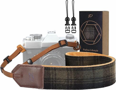 Padwa Lifestyle Camera Strap - 2" Full Grain Leather Ends Camera Straps for Photographers, Unique Vintage Cashmere and Soft Suede Fabric Padded Strap Quick Release fits All Cameras(Beige Brown Check) in Kuwait
