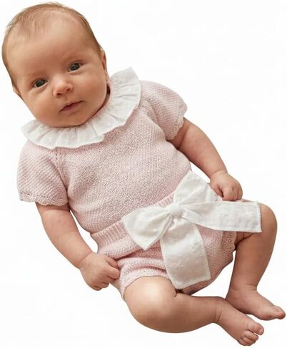 Baby Knit 2-Piece Set, Pink Short Sleeve Top with White Peter Pan Collar and Bloomers with Bow - Made in Spain in Kuwait