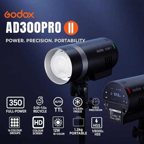 Godox AD300 Pro II AD300Pro II 300Ws TTL Outdoor Flash, HSS 1/8000s, 2.4G | GN58 Output, One-Tap Sync with X3, 30W Bi-Color Modeling Lamp, Freeze Mode, 500 Full Power Flashes, 1/512-1/1 ±0.1 in Kuwait