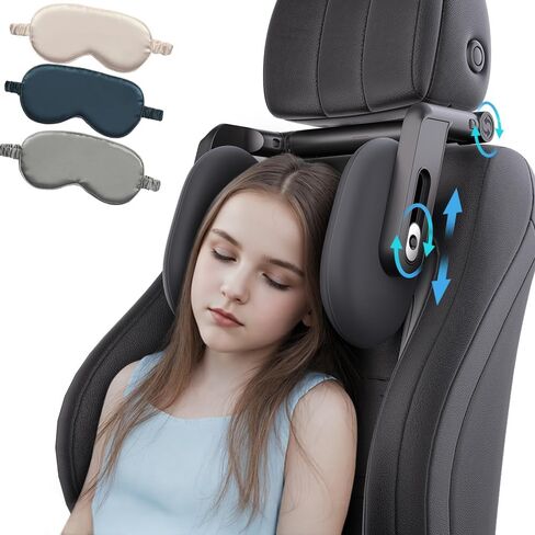 Car Headrest Pillow with Hook, Adjustable Seat Neck Support, Ice Silk | 360° Rotating Travel Sleeping Headrest with Eye Mask, Car Seat Head Support for Kids & Adults in Kuwait