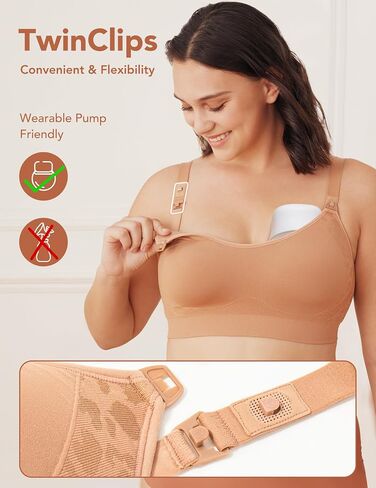 HOFISH Nursing Bra for Breastfeeding with Fixed Pad, TwinClips Wearable Pump Bra, Adjustable Comfort Maternity Bra for Pregnancy, Darkblue+Brown, L in Kuwait