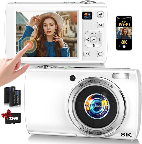 2026 8K WiFi Digital Camera 88MP Dual Lens, Touch Screen, Autofocus, Black | Compact with 16X Zoom 5-Axis Anti-Shake, Travel Video Vlogging Camera for YouTube, Ideal for Beginners, 32GB Card 2 Batteries in Kuwait