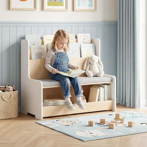 Costzon Kids Bookshelf with Bench, Toddler Toy Storage Organizer w/Bookshelf & 2 Cubbies, Removable Seat Cushion & Protective Baffle, Kids Bench for Playroom, Bedroom, Nursery in Kuwait