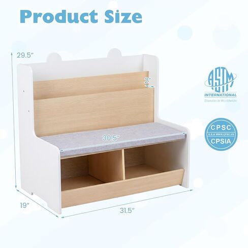 Costzon Kids Bookshelf with Bench, Toddler Toy Storage Organizer w/Bookshelf & 2 Cubbies, Removable Seat Cushion & Protective Baffle, Kids Bench for Playroom, Bedroom, Nursery in Kuwait