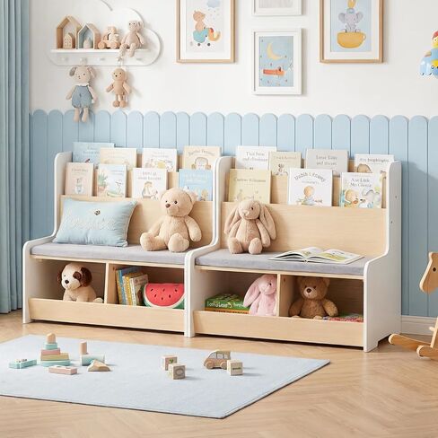Costzon Kids Bookshelf with Bench, Toddler Toy Storage Organizer w/Bookshelf & 2 Cubbies, Removable Seat Cushion & Protective Baffle, Kids Bench for Playroom, Bedroom, Nursery in Kuwait
