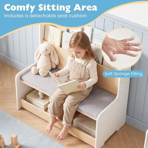 Costzon Kids Bookshelf with Bench, Toddler Toy Storage Organizer w/Bookshelf & 2 Cubbies, Removable Seat Cushion & Protective Baffle, Kids Bench for Playroom, Bedroom, Nursery in Kuwait