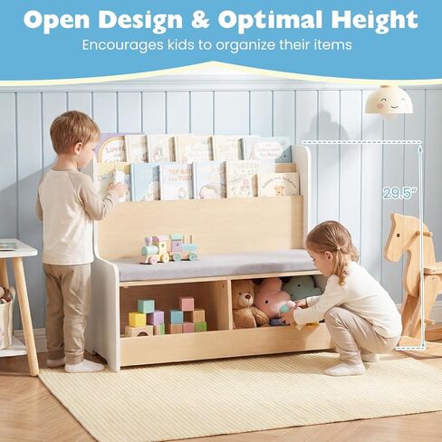 Costzon Kids Bookshelf with Bench, Toddler Toy Storage Organizer w/Bookshelf & 2 Cubbies, Removable Seat Cushion & Protective Baffle, Kids Bench for Playroom, Bedroom, Nursery in Kuwait