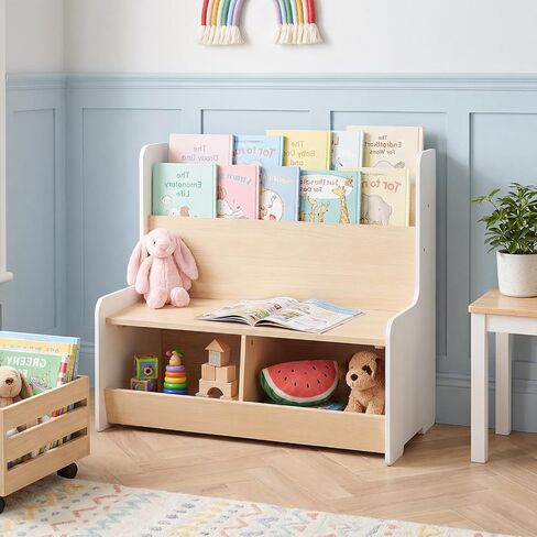Costzon Kids Bookshelf with Bench, Toddler Toy Storage Organizer w/Bookshelf & 2 Cubbies, Removable Seat Cushion & Protective Baffle, Kids Bench for Playroom, Bedroom, Nursery in Kuwait