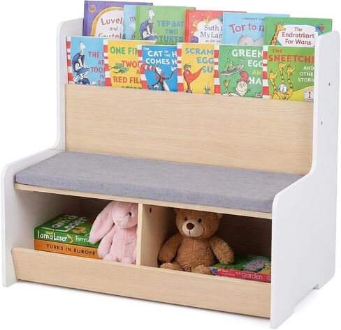 Costzon Kids Bookshelf with Bench, Toddler Toy Storage Organizer w/Bookshelf & 2 Cubbies, Removable Seat Cushion & Protective Baffle, Kids Bench for Playroom, Bedroom, Nursery in Kuwait
