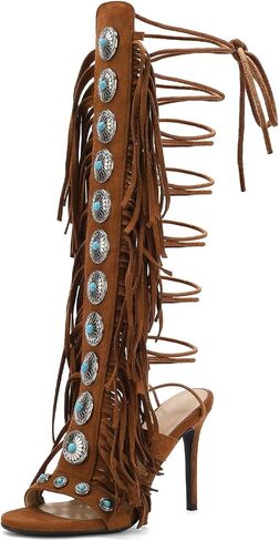 FancyQueen Gladiator Heels Knee High Heels for Women Open Toe Stiletto Suede Fringe Boots Lace up Strappy Peep Toe High Sandal Boots in Saudi Arabia