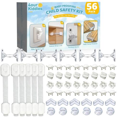 4our Kiddies 56-Piece Baby Proofing Kit & Child Safety Essentials | Child Proof Cabinet Locks x 6 ;Clear Corner Protectors x12; Plug Outlet Covers x 32; Anti-Tip Furniture Anchors x 6; in Kuwait