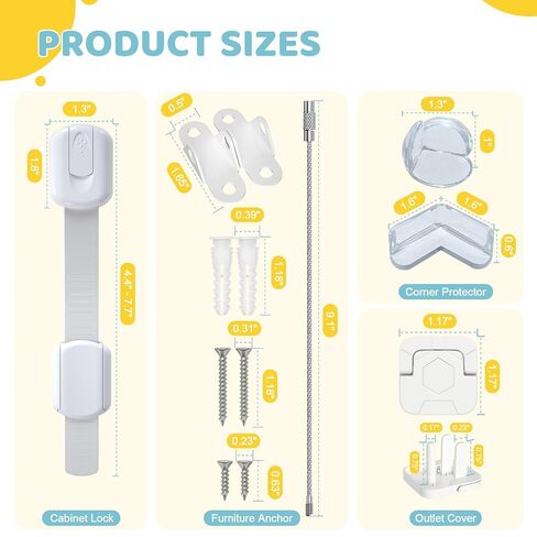 4our Kiddies 56-Piece Baby Proofing Kit & Child Safety Essentials | Child Proof Cabinet Locks x 6 ;Clear Corner Protectors x12; Plug Outlet Covers x 32; Anti-Tip Furniture Anchors x 6; in Kuwait