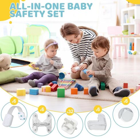 4our Kiddies 56-Piece Baby Proofing Kit & Child Safety Essentials | Child Proof Cabinet Locks x 6 ;Clear Corner Protectors x12; Plug Outlet Covers x 32; Anti-Tip Furniture Anchors x 6; in Kuwait