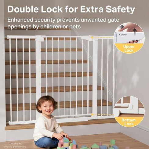Cumbor 36 in Extra Tall Baby Gate for Stairs, 29.7-51.5 in Dog Gate White | Auto Close & Double Lock for Doorways, One-Hand Open Child Gate for Toddler & Pets Indoor, Pressure or Hardware Mounted in Kuwait