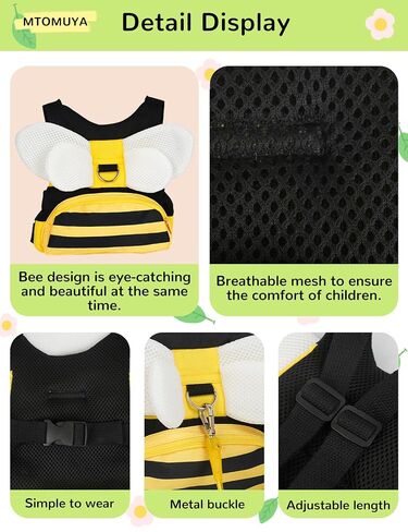 Toddler Harness with Anti Lost Wrist Link - 3-in-1 Baby Safety Leash Backpack, Adjustable Kids Walking Belt with Pocket,Child Locking Wristband for Boys & Girls for Outdoor Travel, Yellow Bee in Kuwait