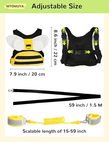 Toddler Harness with Anti Lost Wrist Link - 3-in-1 Baby Safety Leash Backpack, Adjustable Kids Walking Belt with Pocket,Child Locking Wristband for Boys & Girls for Outdoor Travel, Yellow Bee in Kuwait