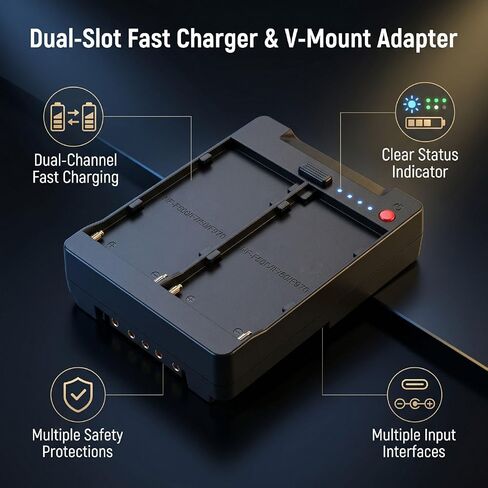 2 Channel NPF Battery Charging for F550 F750 F970 | Dual Slot, LED Indicator, V Mount Battery Adapter Plate with Type C, USB, DC Power Supply Interfaces in Kuwait