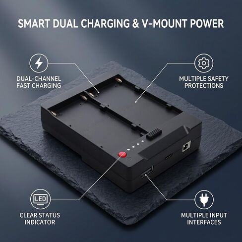 2 Channel NPF Battery Charging for F550 F750 F970 | Dual Slot, LED Indicator, V Mount Battery Adapter Plate with Type C, USB, DC Power Supply Interfaces in Kuwait
