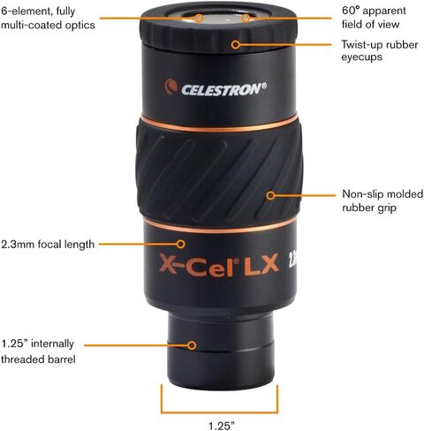 Celestron X-Cel LX 2.3mm Telescope Eyepiece for Extreme Planetary Power | Ultra High-Power Planetary Views, 60° Wide Field of View, Long Eye Relief, Twist-Up Eyecup, Fully Multi-Coated Optics in Kuwait