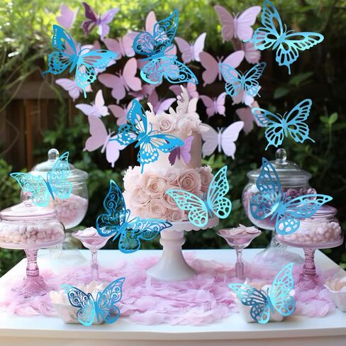 48Pcs 3D Butterfly Wall Decor - 3 Sizes, 4 Styles Decorations for Party, Birthday, Cake - Removable Shiny Blue Stickers for Kids, Baby, Girls Bedroom, Classroom, Offices in Kuwait