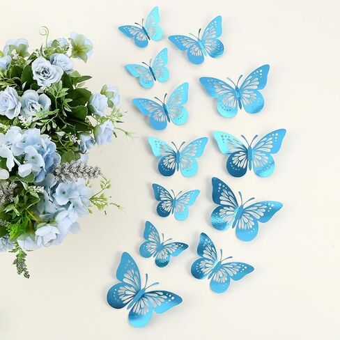 48Pcs 3D Butterfly Wall Decor - 3 Sizes, 4 Styles Decorations for Party, Birthday, Cake - Removable Shiny Blue Stickers for Kids, Baby, Girls Bedroom, Classroom, Offices in Kuwait
