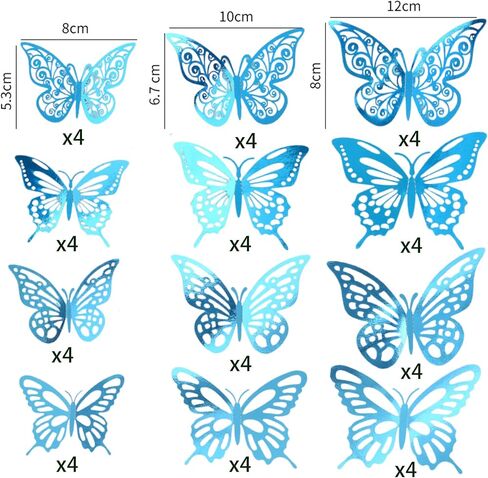 48Pcs 3D Butterfly Wall Decor - 3 Sizes, 4 Styles Decorations for Party, Birthday, Cake - Removable Shiny Blue Stickers for Kids, Baby, Girls Bedroom, Classroom, Offices in Kuwait