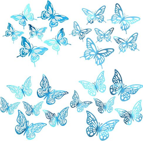 48Pcs 3D Butterfly Wall Decor - 3 Sizes, 4 Styles Decorations for Party, Birthday, Cake - Removable Shiny Blue Stickers for Kids, Baby, Girls Bedroom, Classroom, Offices in Kuwait