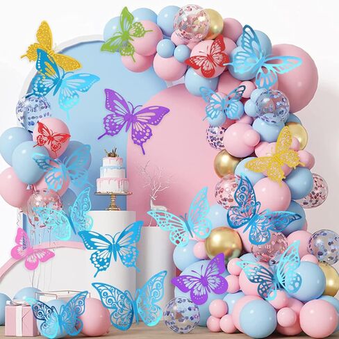 48Pcs 3D Butterfly Wall Decor - 3 Sizes, 4 Styles Decorations for Party, Birthday, Cake - Removable Shiny Blue Stickers for Kids, Baby, Girls Bedroom, Classroom, Offices in Kuwait