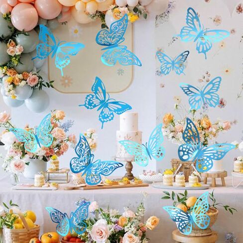 48Pcs 3D Butterfly Wall Decor - 3 Sizes, 4 Styles Decorations for Party, Birthday, Cake - Removable Shiny Blue Stickers for Kids, Baby, Girls Bedroom, Classroom, Offices in Kuwait