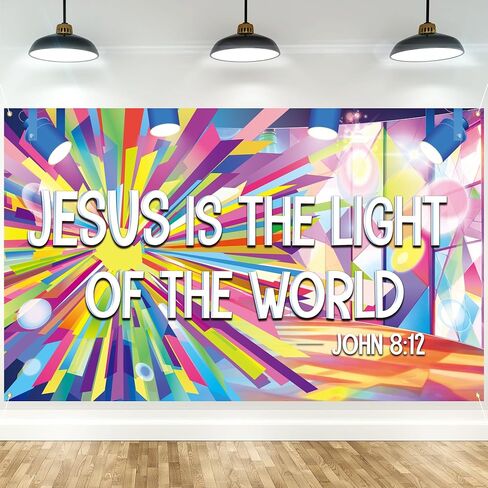 VBS 2026 Backdrop Jesus is The Light of The World Hanging Banner Bible Verse Photography Background Colorful Stage Light Photo Booth Prop for Church Vacation Bible School Christian Party Decoration in Kuwait