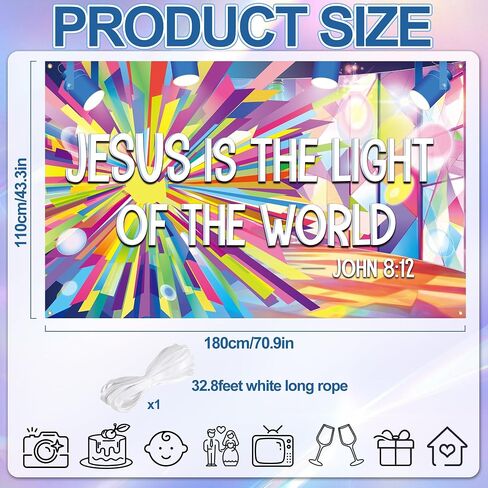 VBS 2026 Backdrop Jesus is The Light of The World Hanging Banner Bible Verse Photography Background Colorful Stage Light Photo Booth Prop for Church Vacation Bible School Christian Party Decoration in Kuwait