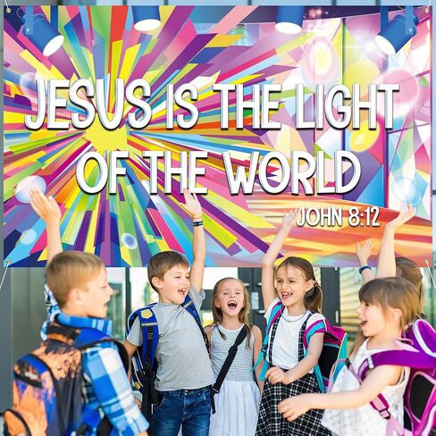 VBS 2026 Backdrop Jesus is The Light of The World Hanging Banner Bible Verse Photography Background Colorful Stage Light Photo Booth Prop for Church Vacation Bible School Christian Party Decoration in Kuwait