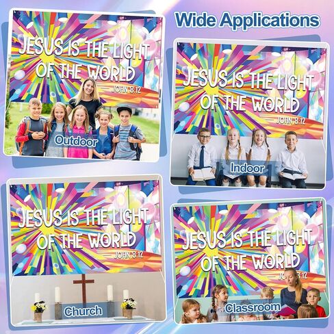 VBS 2026 Backdrop Jesus is The Light of The World Hanging Banner Bible Verse Photography Background Colorful Stage Light Photo Booth Prop for Church Vacation Bible School Christian Party Decoration in Kuwait