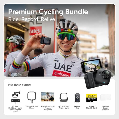 Insta360 GO Ultra Premium Cycling Bundle - Small 4K Vlogging Camera, Hands-Free, POV Cam, 1/1.28" Sensor, 53g Lightweight, 156° FOV, 200 Min Battery Life, Magnetic Wearable Action Camera for Sports in Kuwait